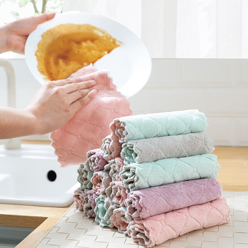 4PCS Double-sided Cloth Coral Fleece Wet Dishcloth..